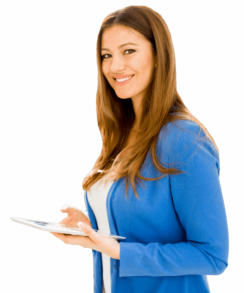Smiling businesswoman in blue blazer holding a tablet